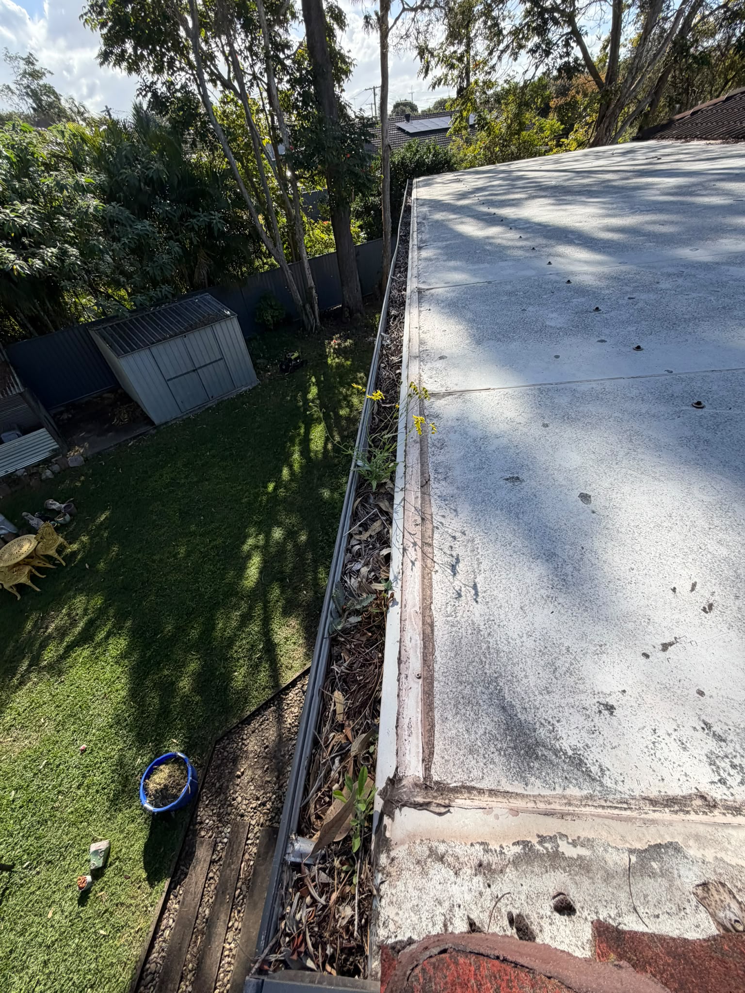Before gutter cleaning - Blocked gutter line cleared on a Brisbane home