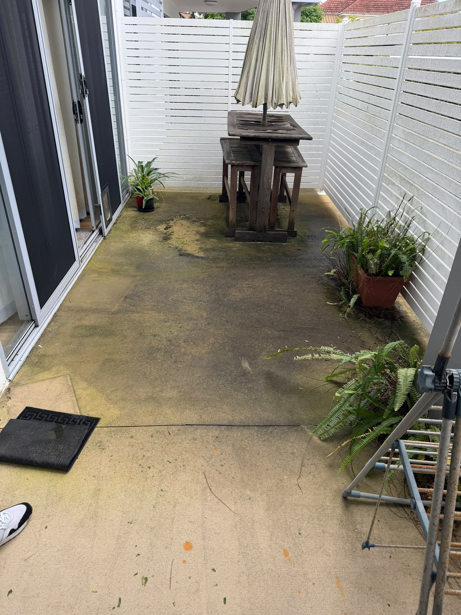 Before pressure washing - Brick and concrete surfaces refreshed with controlled pressure cleaning